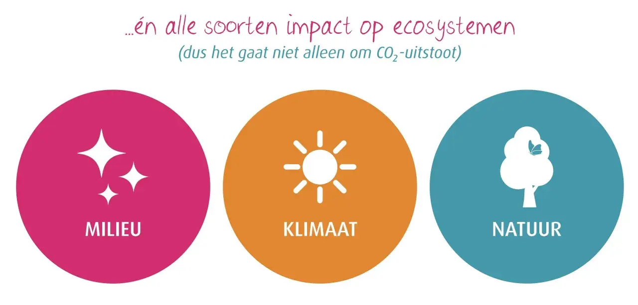 Drie cirkels met iconen: glinsterende sterren (milieu), zon (klimaat) en boom met vlinder (natuur). Ze tonen hoe je impact maakt op ecosystemen.