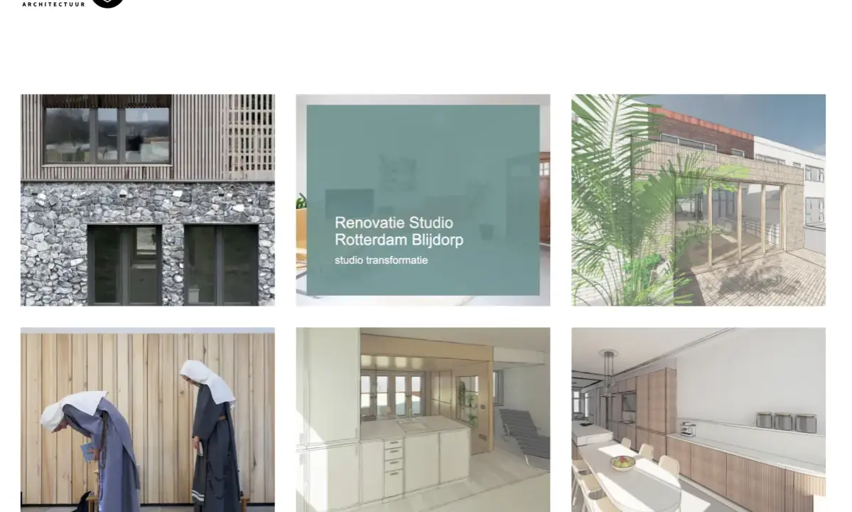 Architectuurprojecten: een portfolio toont een huis met stenen en hout, een studio renovatie, een moderne uitbouw, en interieurontwerpen.