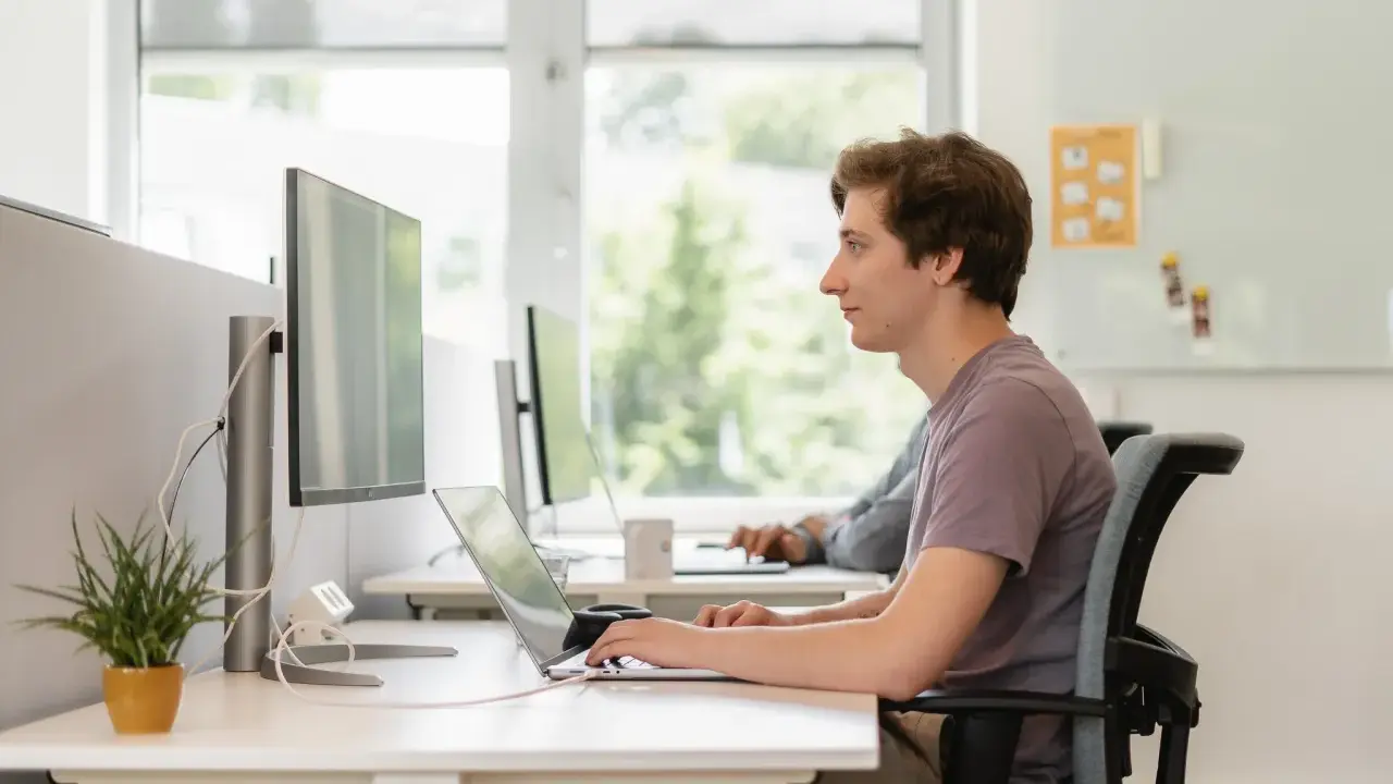 Jonge man werkt geconcentreerd aan laptop. Dit is een voorbeeld van self assessment betekenis: reflecteren op eigen werk.