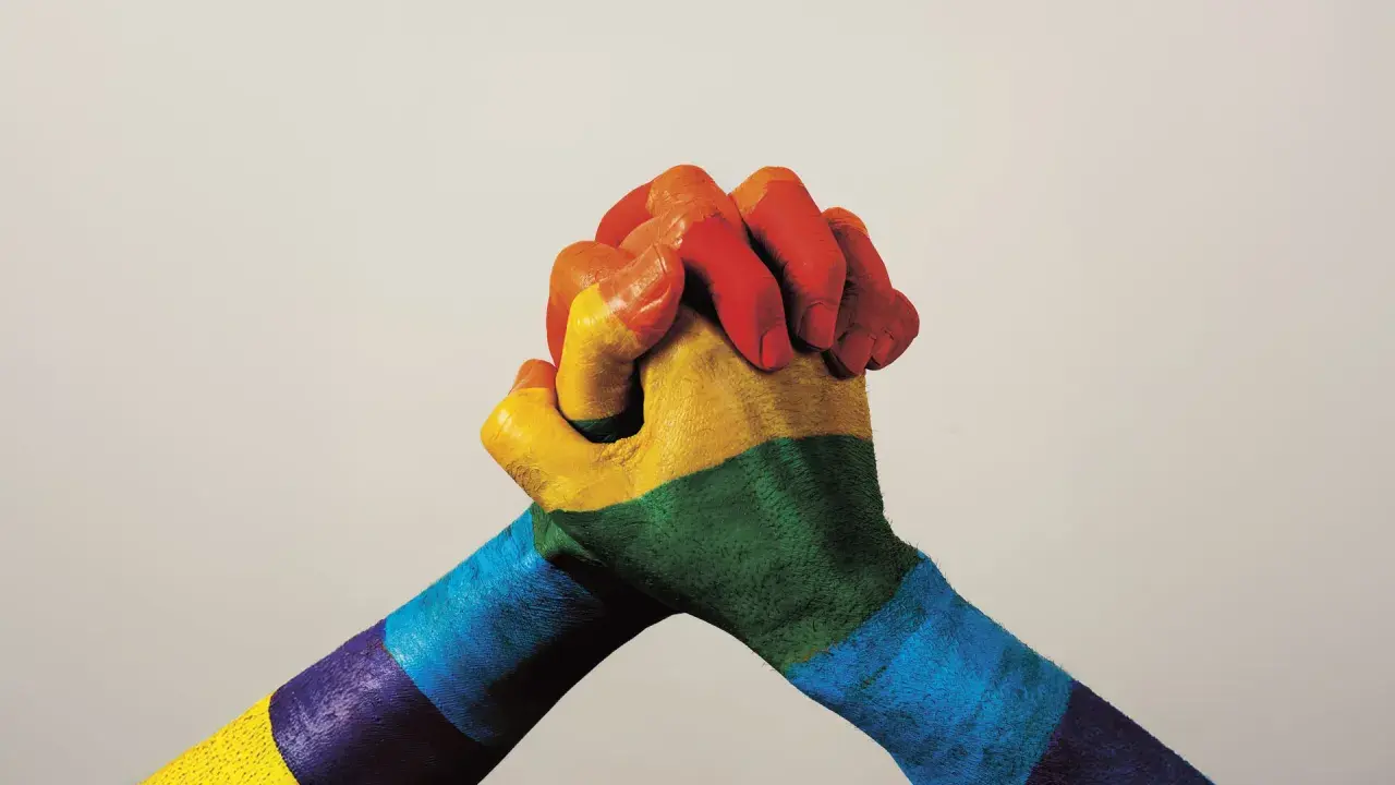 Twee handen, beschilderd met de regenboogkleuren, omstrengeld. Een symbool van verbondenheid en de strijd voor sociale rechtvaardigheid.