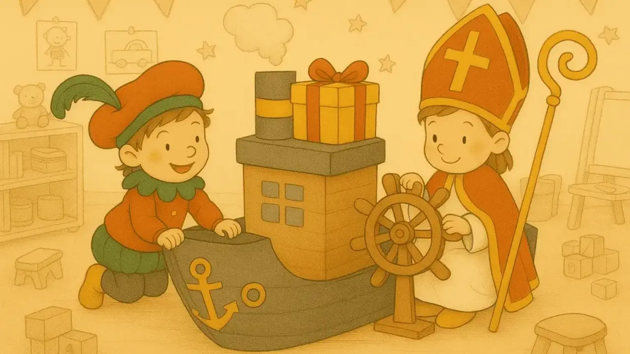 Een Zwarte Piet en Sinterklaas spelen met een speelgoedboot vol cadeautjes. Perfect voor begrijpend lezen sinterklaas oefeningen!