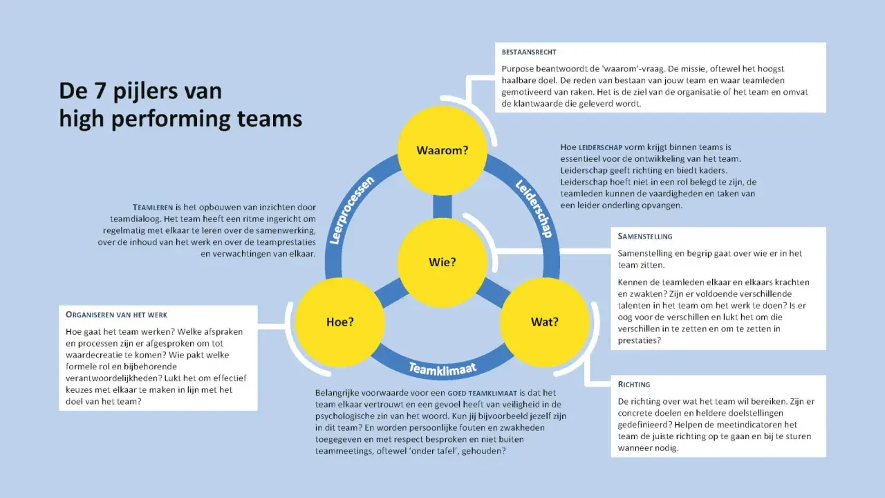 De 7 pijlers van high performing teams, met focus op leiderschap, teamklimaat en de zelfbewuste leider die richting geeft.