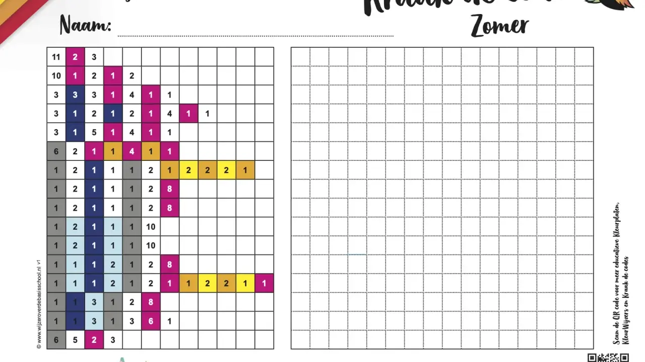 Kraak de code groep 3: een zomerse puzzel met cijfers en vakjes om in te kleuren. Welk figuur komt tevoorschijn?