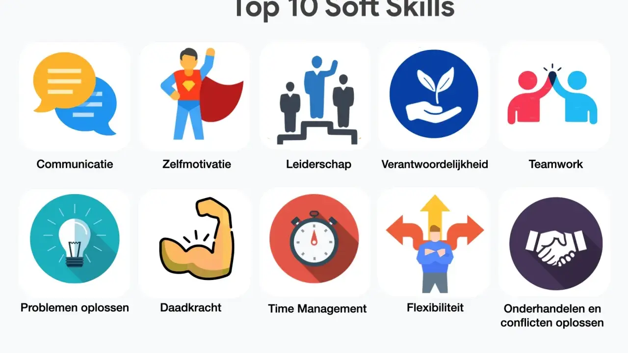 Top 10 soft skills: communicatie, zelfmotivatie, leiderschap, verantwoordelijkheid, teamwork, problemen oplossen, daadkracht, time management, flexibiliteit, onderhandelen.