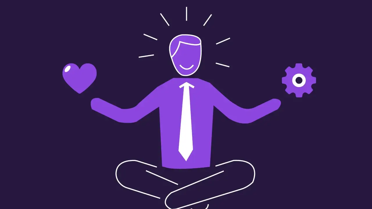 Een projectmanager in meditatie, met een hart (empathie) en een tandwiel (technische vaardigheden) in zijn handen. Essentiële competenties projectmanager.