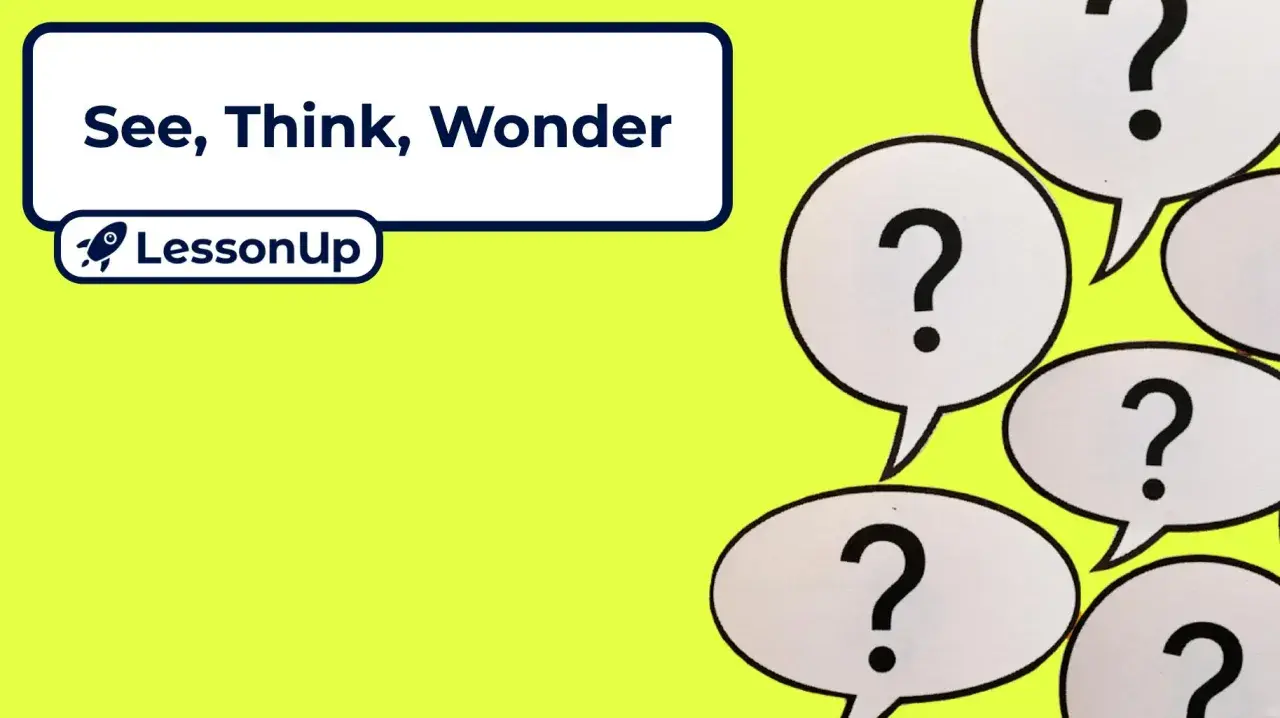 See, Think, Wonder" met vraagtekens in spraakballonnen, een uitnodiging tot verschillende werkvormen.