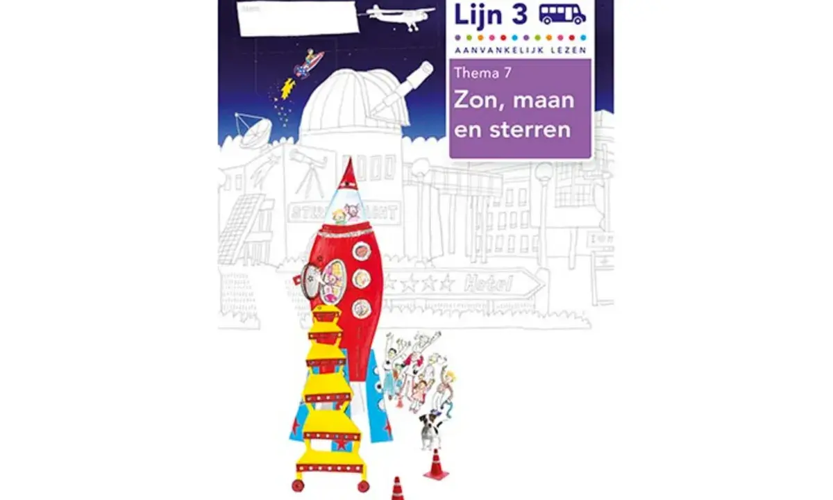 Werkboek Lijn 3, Thema 7: Zon, maan en sterren. Een raket met kinderen en honden staat klaar voor een avontuurlijke reis.