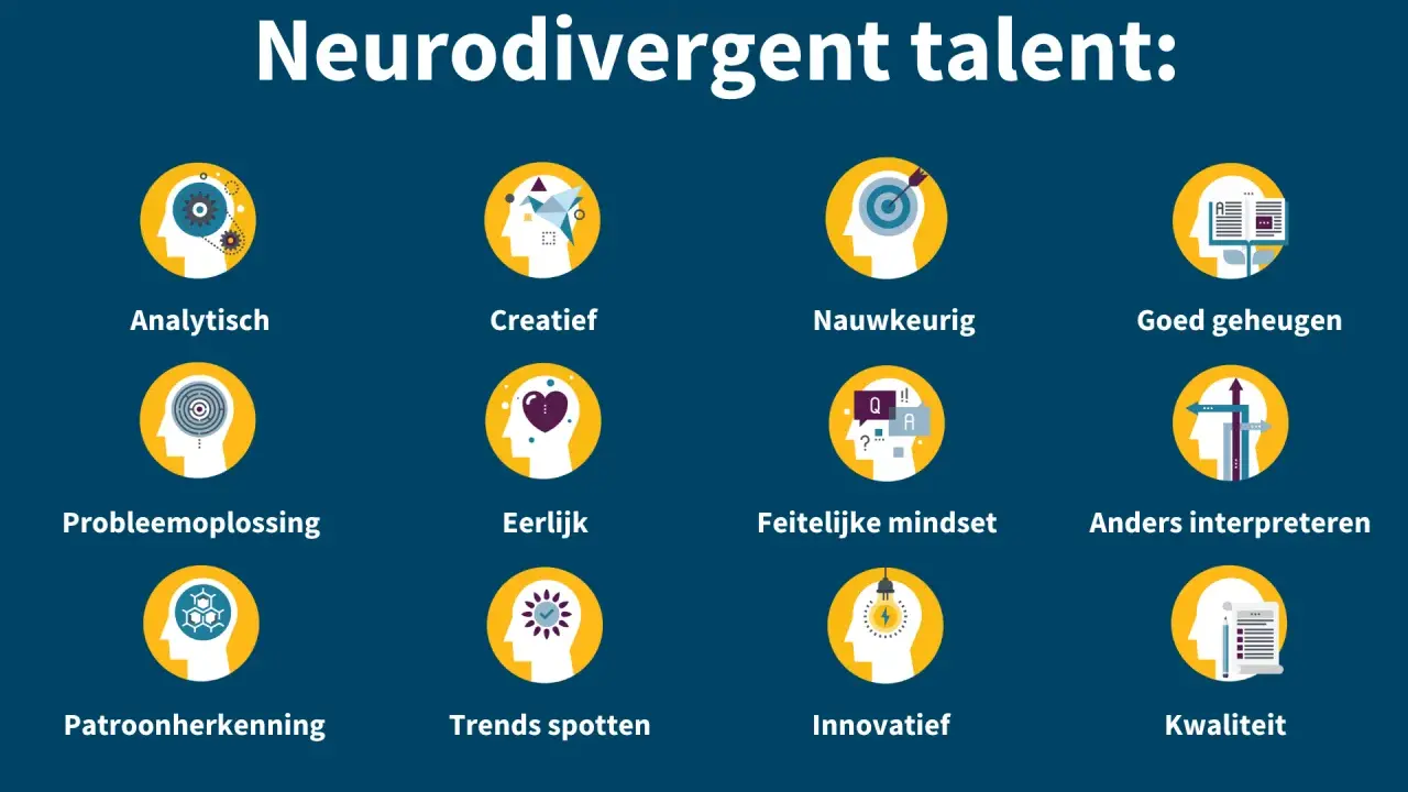 Talenten van neurodivergente mensen: analytisch, creatief, nauwkeurig, goed geheugen, probleemoplossing, eerlijk, feitelijke mindset, anders interpreteren, patroonherkenning, trends spotten, innovatief, kwaliteit.