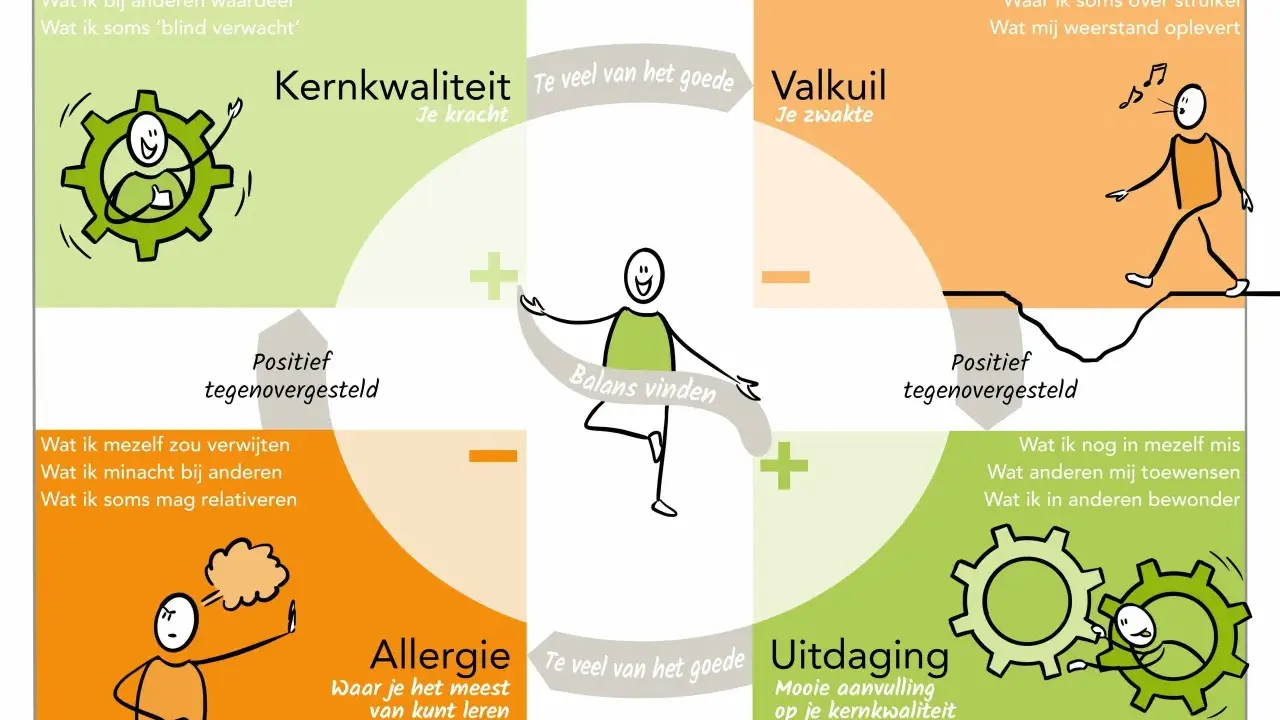 Kernkwadrant van Ofman: Kernkwaliteit, Valkuil, Allergie, Uitdaging. Meten is weten om je balans te vinden.