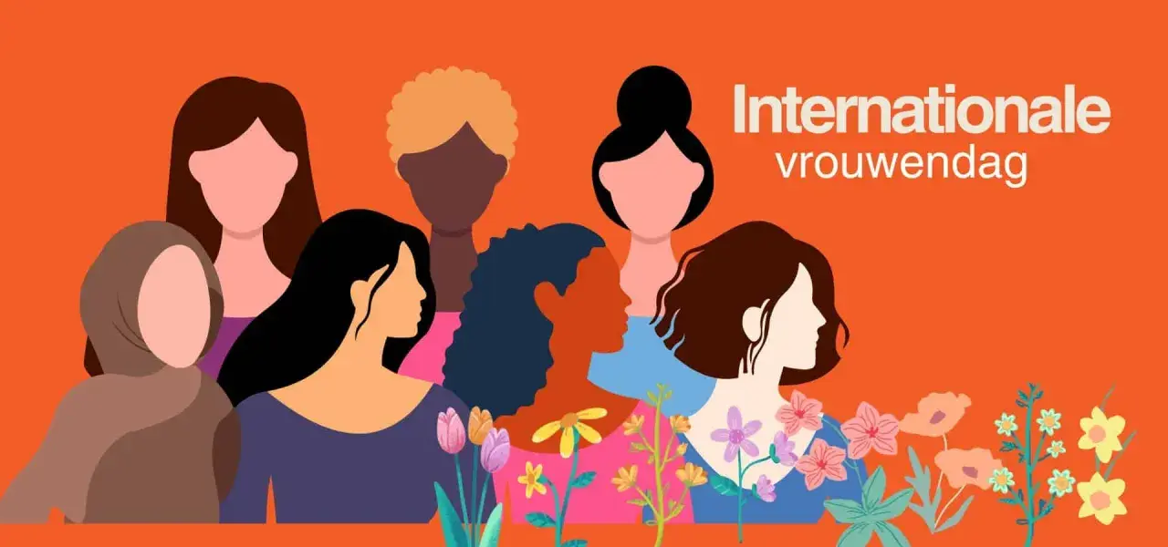 Verschillende vrouwen, met diverse achtergronden, vieren Internationale vrouwendag. Bloemen sieren de voorgrond.