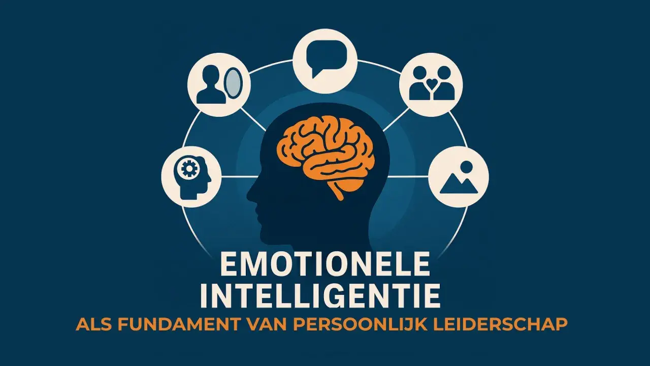 Emotionele intelligentie, met symbolen voor communicatie, relaties en zelfinzicht, is de basis voor persoonlijk leiderschap.