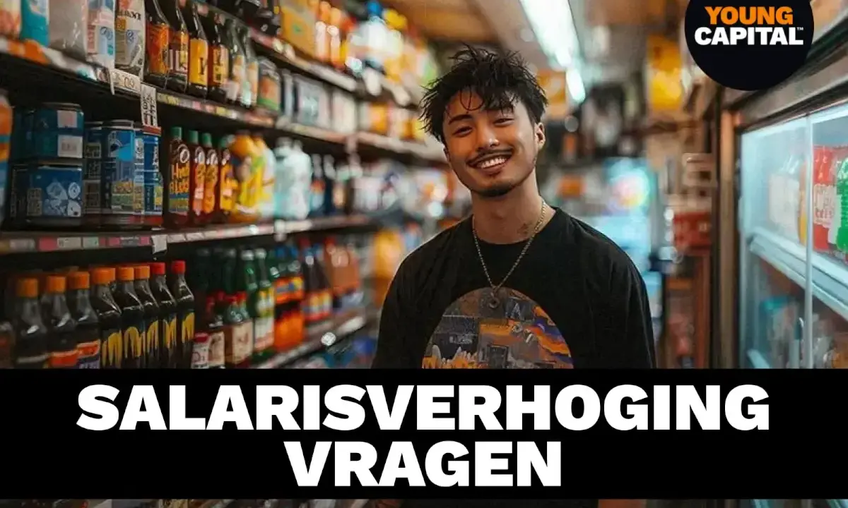 Jonge man lacht in een winkel, met de tekst "SALARISVERHOGING VRAGEN". Hij bereidt zich voor op het presenteren van zijn argumenten voor een salarisverhoging.