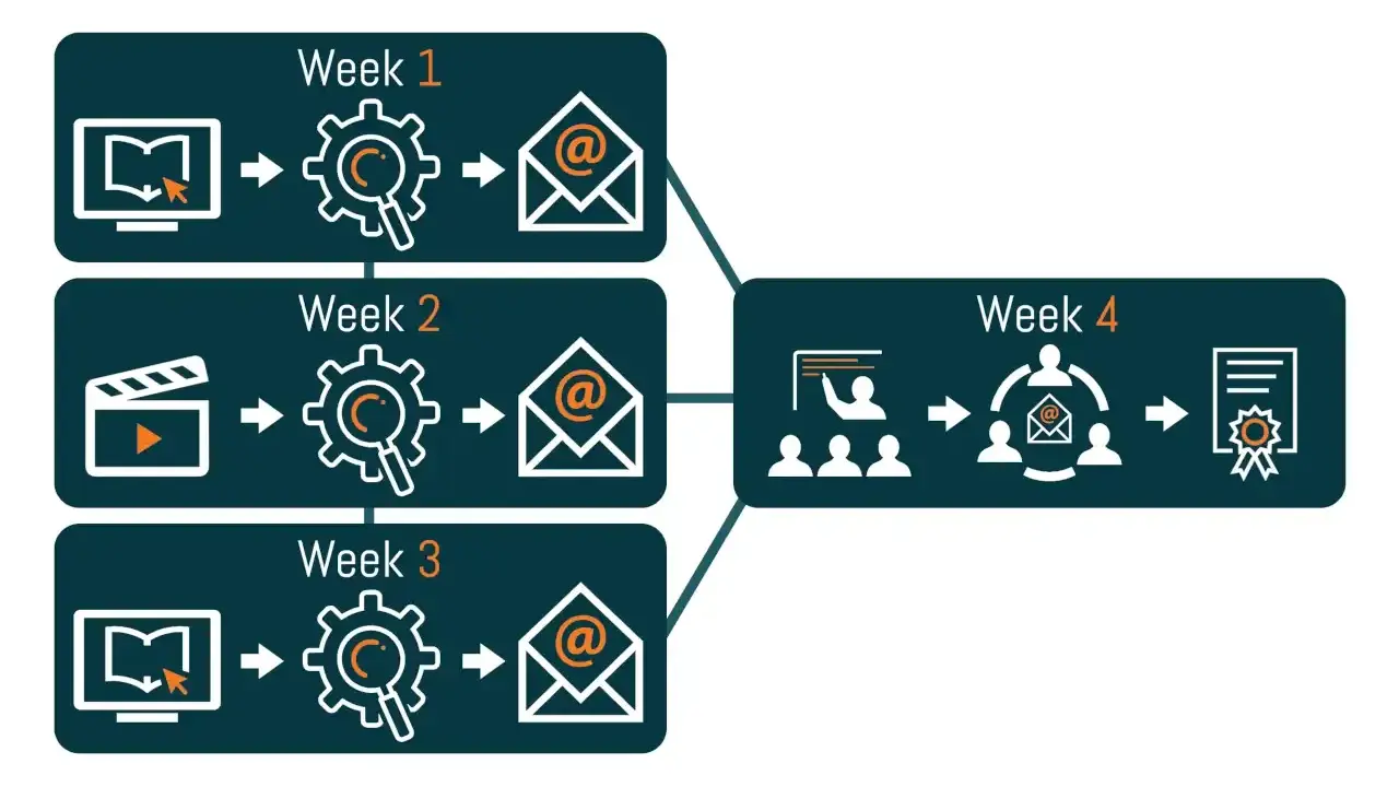 Schema van blended learning voorbeelden: online leren, analyse, e-mail in week 1-3. Week 4: presentatie, groepswerk, certificaat.