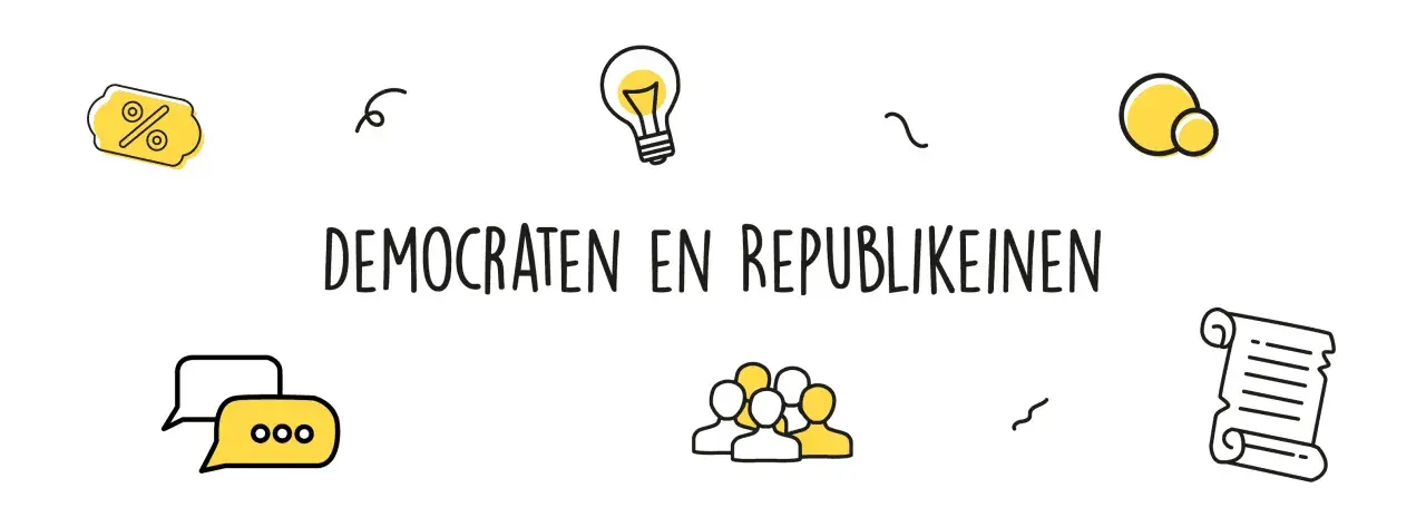 Illustratie met de tekst "DEMOCRATEN EN REPUBLIKEINEN", omringd door iconen van een kortingsbon, een gloeilamp, bubbels, mensen en een perkamentrol.