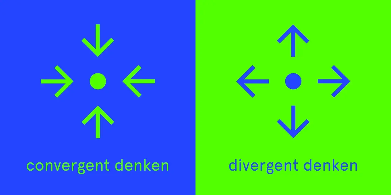 Pijlen wijzen naar een punt, wat **convergent denken** symboliseert. Tegenovergestelde pijlen wijzen weg van een punt, wat divergent denken toont.