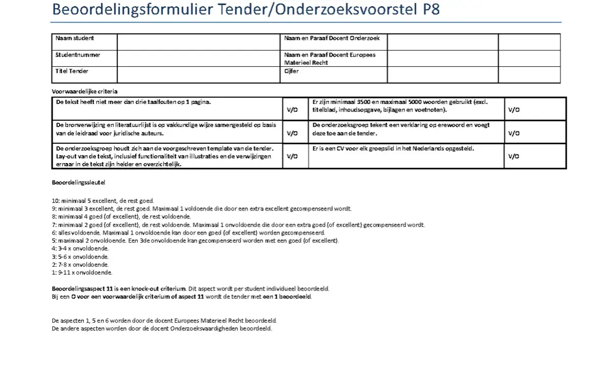 Beoordelingsformulier Tender/Onderzoeksvoorstel P8 met criteria en beoordelingssleutel.