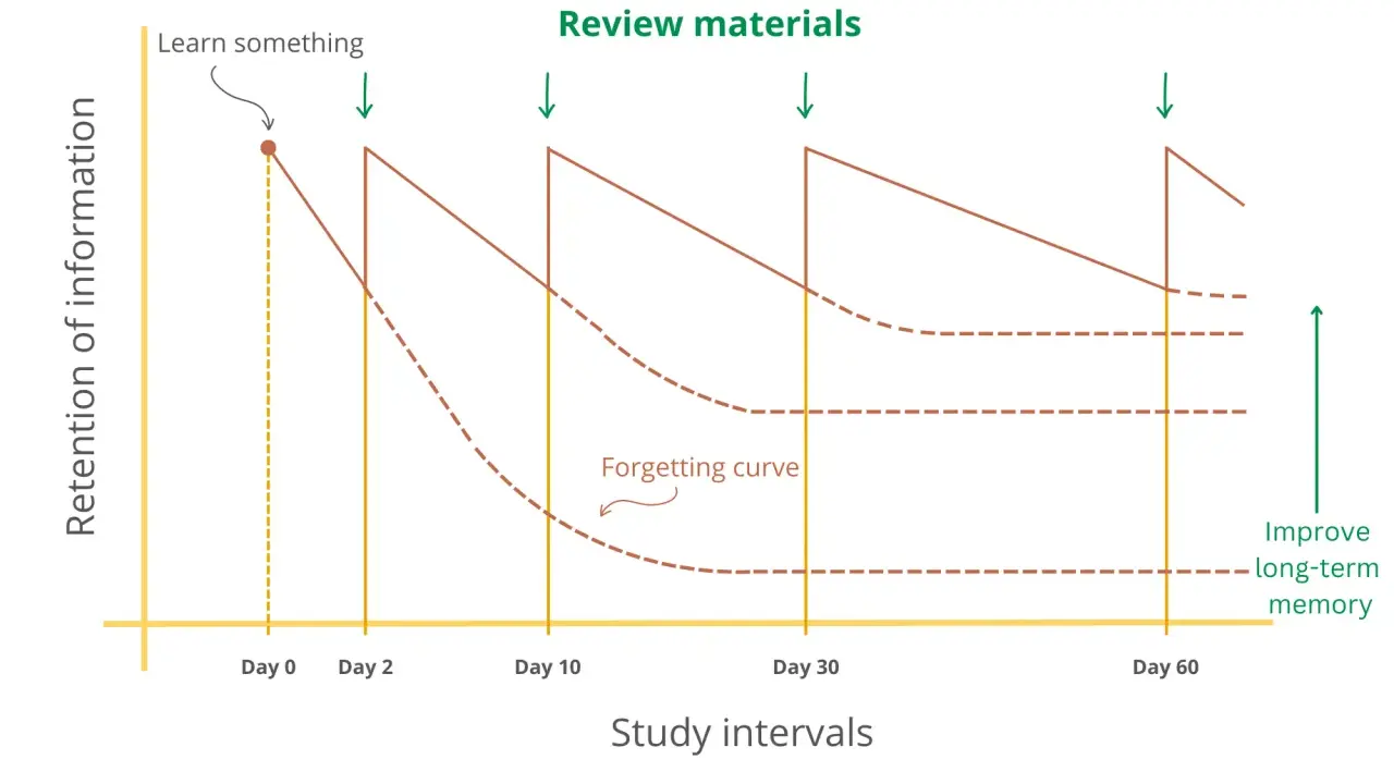 Grafiek toont hoe herhaling de 'forgetting curve' tegengaat en langetermijngeheugen verbetert.