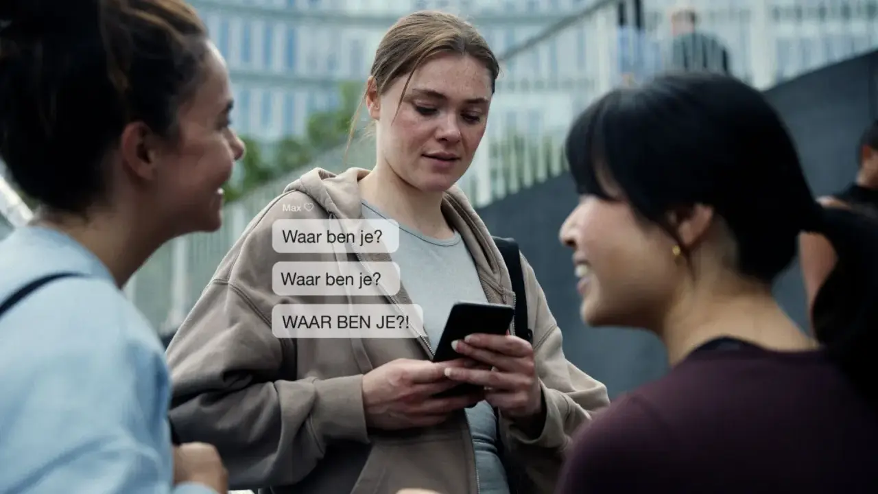 Drie vrouwen praten, één kijkt bezorgd naar haar telefoon met berichten als "Waar ben je?". Dit kan duiden op de angst die gepaard gaat met huiselijk geweld bij vrouwen.