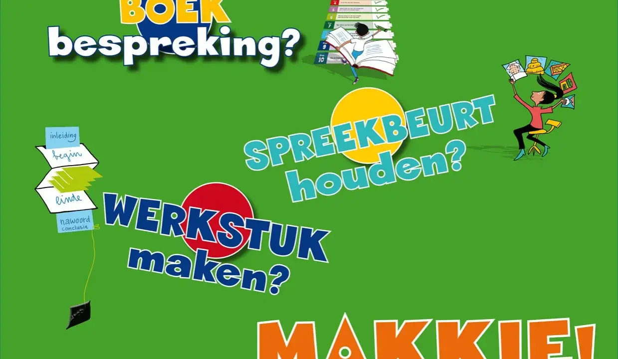 Een illustratie met de tekst "Boekbespreking? Spreekbeurt houden? Werkstuk maken? Makkie!". Dit is een leuke hulp voor groep 4.