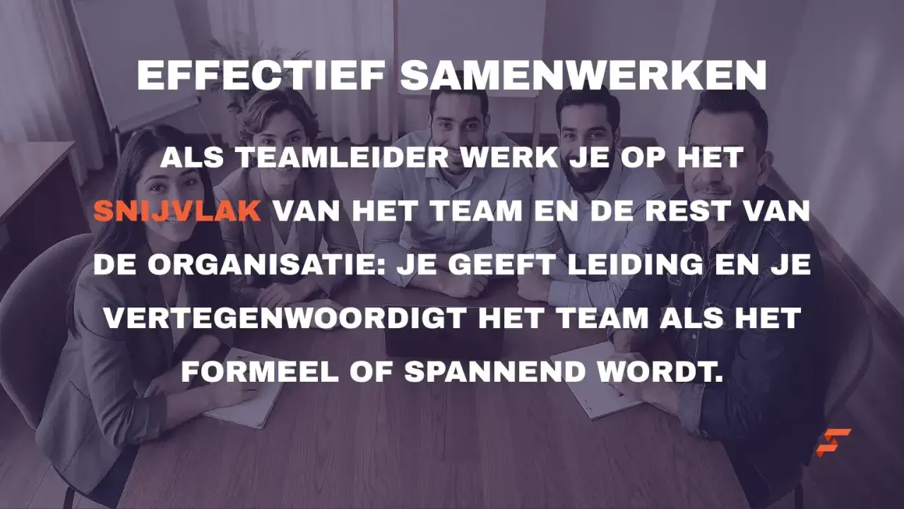 Vier collega's zitten rond een tafel, klaar voor effectief samenwerken. De tekst benadrukt de rol van een teamleider.