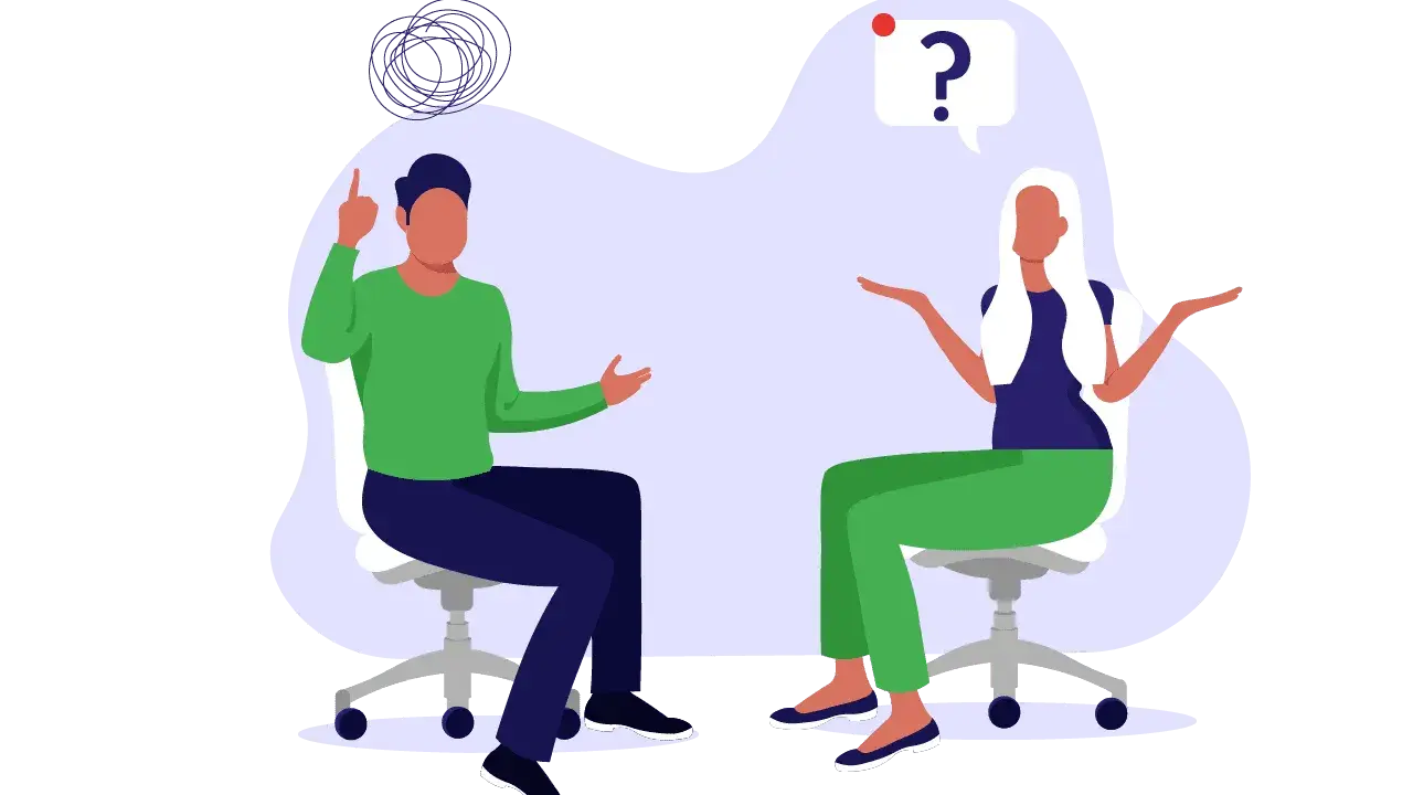 Man en vrouw in gesprek, mogelijk over communicatie met ouders. De vrouw heeft een vraagteken boven haar hoofd.