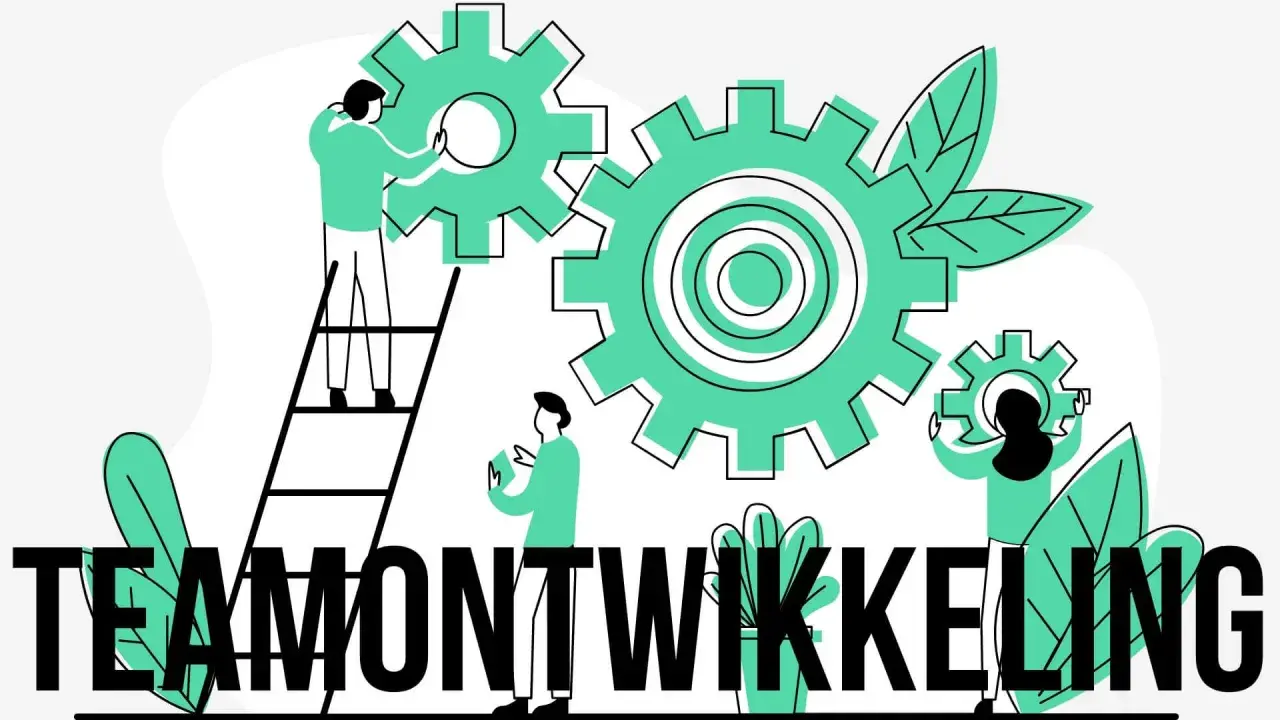 Mensen werken samen aan tandwielen, symbool voor een team ontwikkel plan.