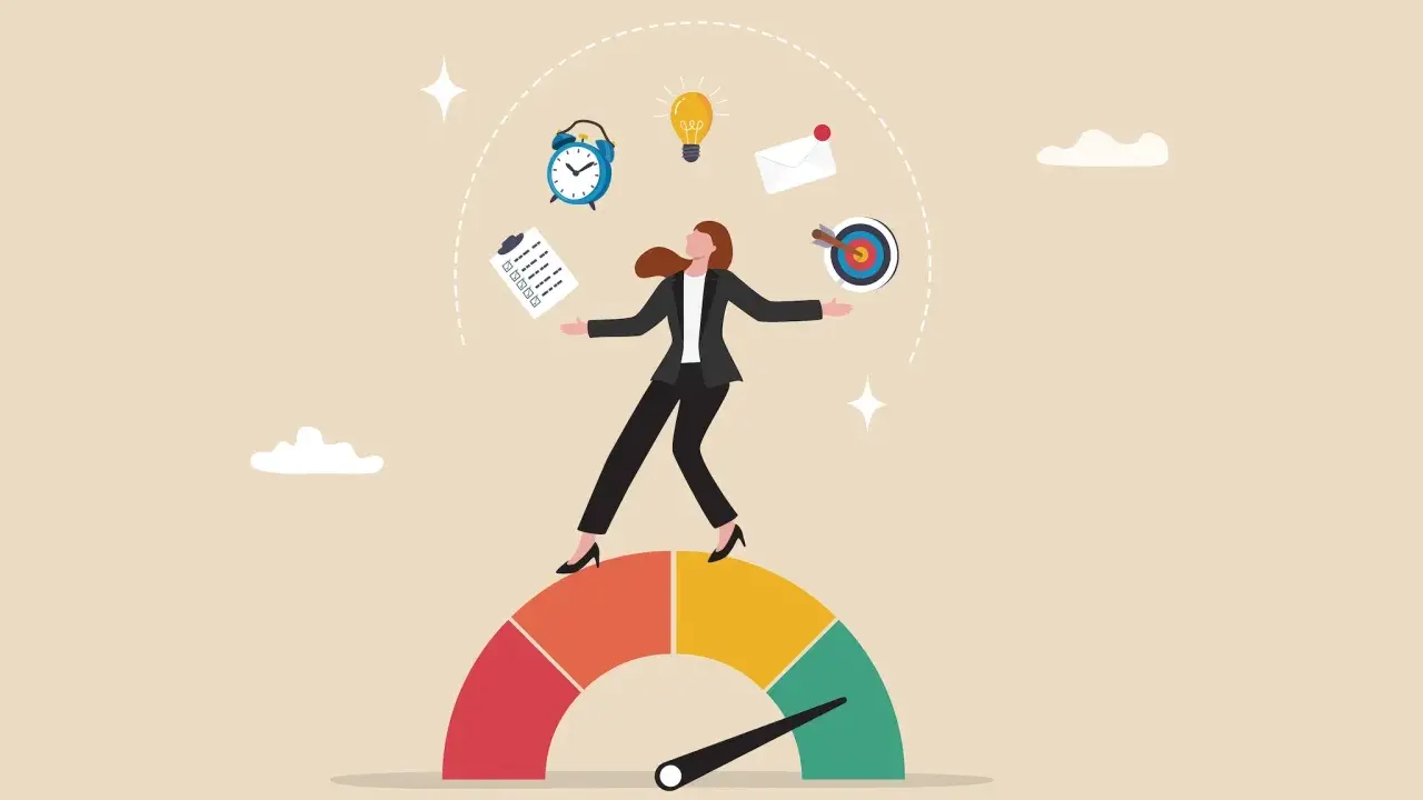 Vrouw balanceert op een meter, omringd door symbolen van productiviteit. Slimmer werken door efficiëntie en focus.