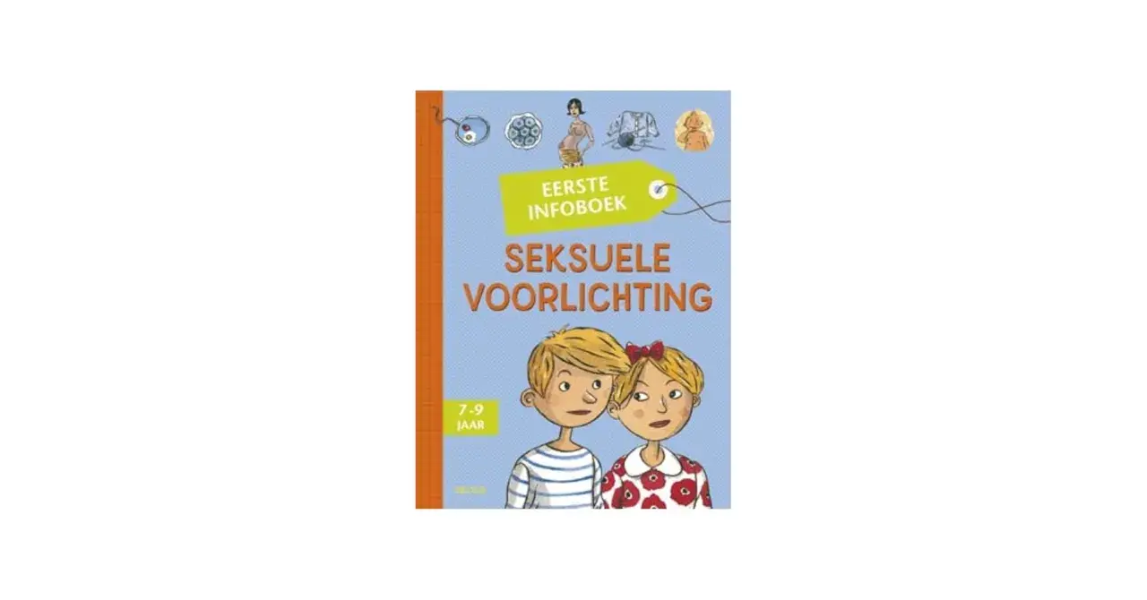 Eerste infoboek over seksuele voorlichting voor kinderen van 7-9 jaar, met illustraties van een zwangere vrouw en baby's.