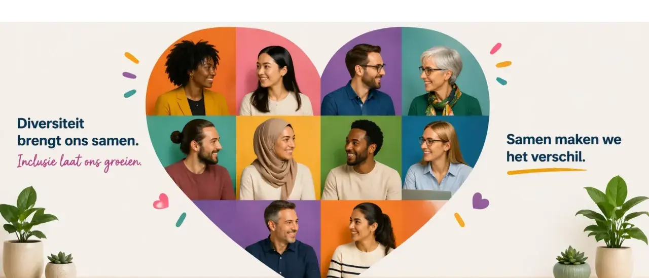 Een hartvormige collage van lachende, diverse mensen. Dit toont een inclusieve werkomgeving waar iedereen samen groeit en het verschil maakt.