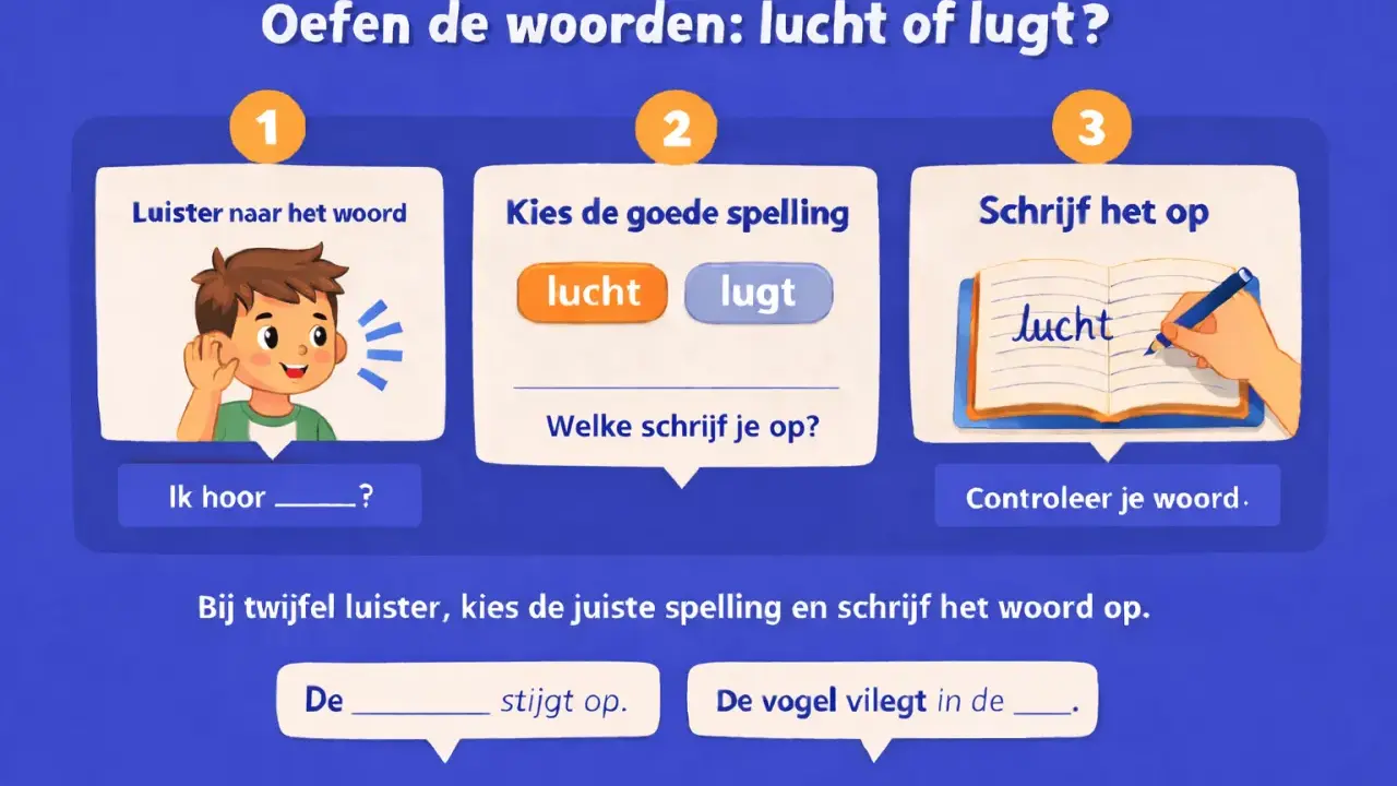 Spelling werkbladen: oefen met luisteren, kiezen en schrijven van 'lucht' of 'lugt'.