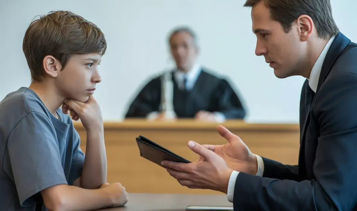 Advocaat spreekt met een jongen in de rechtszaal. De jongen, die eruitziet als 23 jaar volwassen, luistert aandachtig. Een rechter zit op de achtergrond.