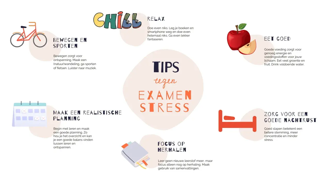 Tips voor een start nieuw schooljaar: bewegen, relaxen, goed eten, plannen, herhalen en slapen.