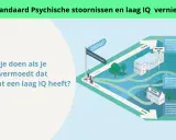 Illustratie van zorgpaden voor patiënten met psychische klachten en een laag IQ. Een kruispunt toont de keuze tussen reguliere GGZ, specialistisch GGZ team of ZVB-zorg.