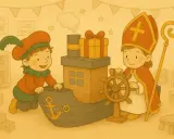 Een Zwarte Piet en Sinterklaas spelen met een speelgoedboot vol cadeautjes. Perfect voor begrijpend lezen sinterklaas oefeningen!