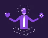 Een projectmanager in meditatie, met een hart (empathie) en een tandwiel (technische vaardigheden) in zijn handen. Essentiële competenties projectmanager.
