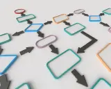 Een **advance organizer** in de vorm van een stroomdiagram met gekleurde vakken en pijlen, die een proces of idee visualiseert.