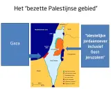 Kaart van het "bezette Palestijnse gebied", met Gaza en de Westelijke Jordaanoever. Wat is Gaza? Een gebied aan de Middellandse Zee.