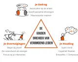 De gouden driehoek van verbindend leiding geven: gedrag, overtuigingen en houding. Illustraties tonen interactie, een paard trekken en nadenken.