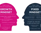 Twee profielen, één met 'Growth Mindset' en positieve quotes, de ander met 'Fixed Mindset' en beperkende overtuigingen.