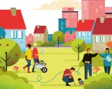 Een diverse gemeenschap werkt samen in een levendige buurt, wat **sociale duurzaamheid** belichaamt. Mensen oogsten appels, verzorgen planten en leren kinderen over de natuur.
