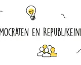 Illustratie met de tekst "DEMOCRATEN EN REPUBLIKEINEN", omringd door iconen van een kortingsbon, een gloeilamp, bubbels, mensen en een perkamentrol.