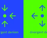 Pijlen wijzen naar een punt, wat **convergent denken** symboliseert. Tegenovergestelde pijlen wijzen weg van een punt, wat divergent denken toont.