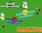 Een illustratie met de tekst "Boekbespreking? Spreekbeurt houden? Werkstuk maken? Makkie!". Dit is een leuke hulp voor groep 4.