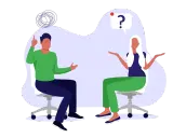 Man en vrouw in gesprek, mogelijk over communicatie met ouders. De vrouw heeft een vraagteken boven haar hoofd.