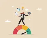 Vrouw balanceert op een meter, omringd door symbolen van productiviteit. Slimmer werken door efficiëntie en focus.