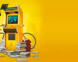 Een arcadekast met een afstudeerhoed en diploma, omringd door boeken, een fiets en een basketbal. Dit symboliseert game based learning.