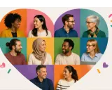 Een hartvormige collage van lachende, diverse mensen. Dit toont een inclusieve werkomgeving waar iedereen samen groeit en het verschil maakt.