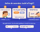 Spelling werkbladen: oefen met luisteren, kiezen en schrijven van 'lucht' of 'lugt'.