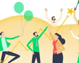 Succesvolle medewerkers vieren successen met ballonnen en sterren. Coaching medewerkers helpt teams groeien.