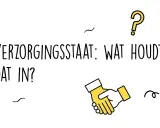 Een oudere persoon met een stok, een handdruk en de kaart van Nederland. De tekst vraagt: "Verzorgingsstaat: wat houdt dat in?